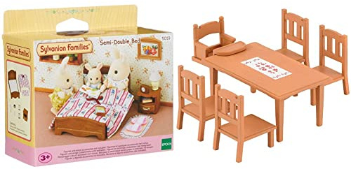 Sylvanian Families 5019 Doppelbett, Puppenbett, Mehrfarbig & Families 4506 Esstisch Set, Puppenmöbel, Braun