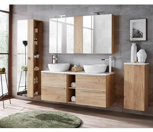 Lomadox Badmöbelset Wotaneiche, mit Doppel-Waschtisch, inkl. LED-Spiegelschrank, Hochschrank und Wäschesammler