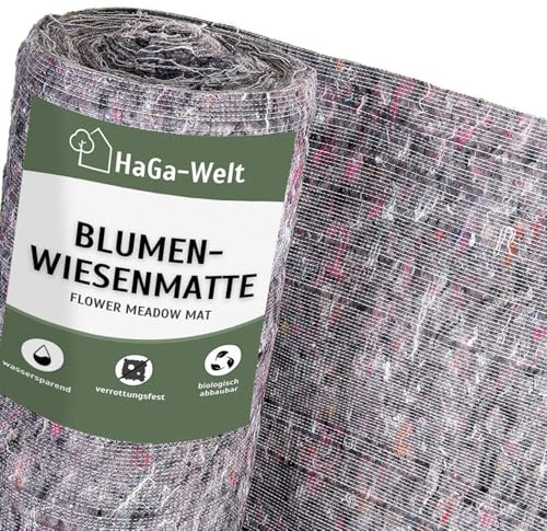 HaGa Blumenwiesenmatte 1m x 50m – biologisch abbaubar – mit Blumensamen für Blumenwiese im Garten – gut für Bienen und Schmetterlinge – Baumwollvlies mit Wildblumensamen