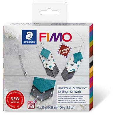 STAEDTLER FIMO Leather-Effect Set „Bohemian Schmuck“ mit Anleitung und Zubehör, ofenhärtende Modelliermasse für kreative Objekte im Leder-Look, lederähnliche Optik und Haptik, 8015 DIY1