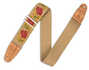 Levy's Leathers MH8P-009 Hanf-Gitarrengurt Vegan mit aufgedrucktem Rosa-Motiv in Rosa und Rot auf natürlichem Hanf-Gurtband mit 2-lagigen Korkenden