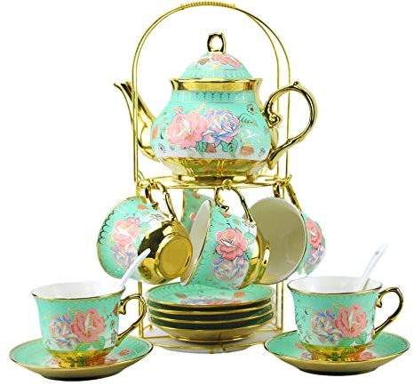 Service à thé 20 pièces en porcelaine avec support en métal, service à café turc, service à thé pour femme avec peinture florale, 765,4 g, 192,8 g (vert)