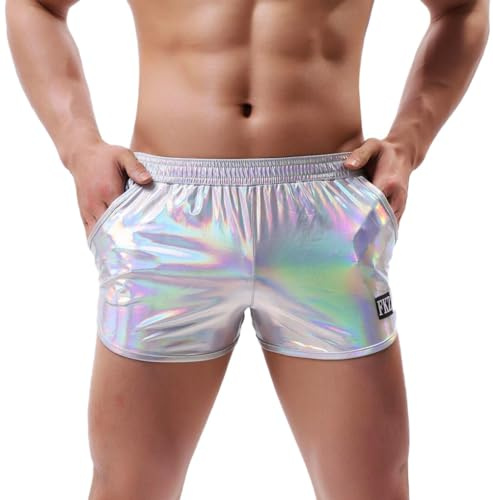 ABAFIP Men's Soft Stretchy Holographic Shiny Metallic Swim Boxer Briefs Trunks Shorts Hot Pants Bikini Swimsuit Stage Clubwear Silver Medium