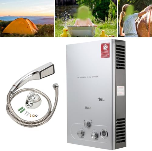ECUTEE 16L 32KW Flüssiggas Durchlauferhitzer LPG Warmwasserbereiter, Tankless Instant Heißwasserbereiter mit Galvanisierter Duschkopf und Duschschlauch, für Outdoor-Camping-Baden und RV-Dusche, Silber