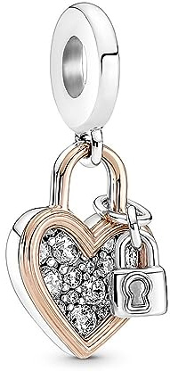Pandora Moments Doppelanhänger Herz-Vorhängeschloss, Sterlingsilber und 14-karätig Roségold-vergoldet, mit klarem Cubic Zirkonia