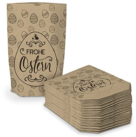 itenga 40 Stück Bedruckte Ostertüten zum Befüllen braun 17 x 26 cm mit Motiv Geschenktüte Ostern Osternest - Motivauswahl (Frohe Ostern - Eier Muster)