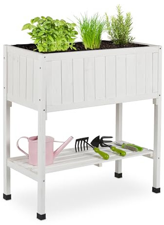 Relaxdays Fioriera Rialzata in Legno di Abete, H x L x P: 80 x 74 x 38 cm, Aiuola Alta per Giardino, Balcone, Bianco