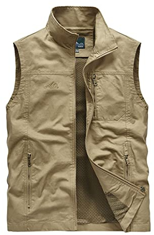 QCBH Gilet da uomo in cotone M-5XL Gilet allentato multitasche Gilet in cotone per esterni Gilet allentato di moda con tasche con cerniera Gilet senza maniche per esterni