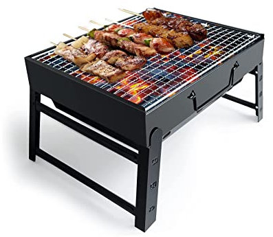 HTUK® Barbecue portable pliable au charbon de bois pour barbecue en plein air avec fumoir en acier inoxydable pour pique-nique, jardin, terrasse, camping, voyage 36 cm x 29 cm x 7,5 cm