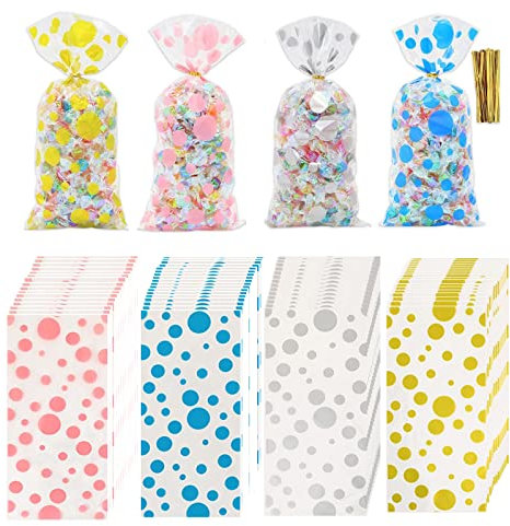 Sacchetti di plastica Trasparente, BROMMAT 100 bustine cellophane 4 colori 12.5 x 27.5 cm Sacchetti per Alimenti Buste per Confetti acchetti di plastica per Biscotti Dolci Torte Caramelle Cupcakes