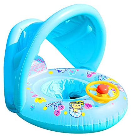 BSTCAR Baby Schwimmring mit Sitz und Sonnenschutz, Cartoon Lustig Lenkrad Schwimmring Aufblasbares Pool Spielzeug Schwimmtrainer Schwimmhilfe Spielzeug ab 1-4 Jahr