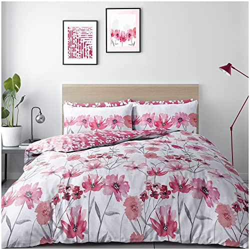 Super Dreamer Botanical Duvet Cover, Fitted Sheet With Pillow Cases, 4 Piece Floral Bedding & Linen, Red, Complete Bed Set King Size, 11693796