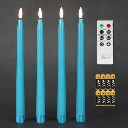 Fanna flamlösa avsmalnande ljus med timer, batteridrivna LED-ljus äkta vax färdig, fjärrkontroll och batterier ingår – H 11 tum set med 4 (turkos)