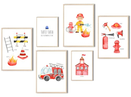 MeinBaby123® Bilder för barnrum - set med 6 DIN A4 och A5-affischer - brandmän och brandbil - dekoration för pojk- och babyrum