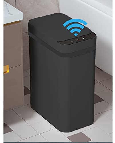 Yatmung Touchless Bathroom Trash Can - 2.5 Gallon Smart Trash Can Sensor Motion - Skinny Trash Bin with Lid - Electric, Narrow, Plastic, Auto Open - Small Slim Automatic Garbage Can (Black)