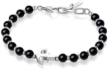 GAVU Pulsera para Hombre con Cuentas de Turmalina Negra y Dije de Ancla de Acero Inoxidable, Pulsera Surfista Hombre