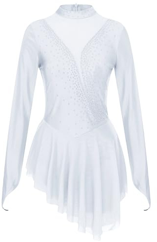 Doomiva Damen Eiskunstlauf Kleid Langarm Ballettanzug mit Strass Kürkleid Rollkunstlauf Tanzkleid Glitzer Tanzkostüm Wettbewerb