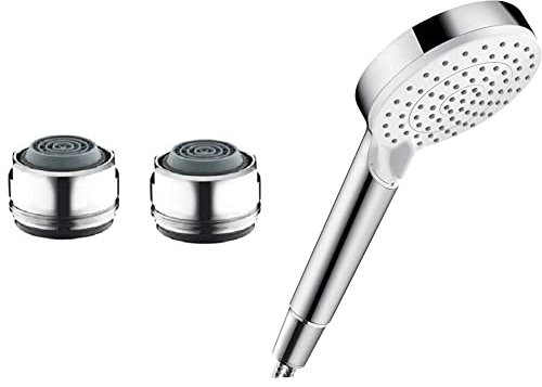 hansgrohe Soft Jet Luftsprudler Comfort M24, 2er Set, Silber/Chrom & wassersparender Duschkopf Crometta, Sparduschkopf 6l/min, Duschbrause, 2 Strahlarten, Weiß/Chrom