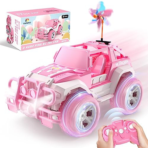 DEERC Remote Control Cars with Windmill, 1:18 Scale Jeep RC Car, 80 Min Playtime LED Light Off-Road Pink Radio Monster RC Trucks with Auto Mode, Storage Case Toys Car Gifts for Girls Kids 3 4 5 6 7 8