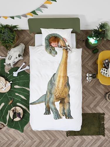 SNURK Dino Bronto Bettwäsche Set, 135 x 200 cm, inkl. 1 Kissenbezug 80 x 80 cm, aus 100% Bio-Baumwolle - Kinder Bettwäsche Dinosaurier Brontosaurus