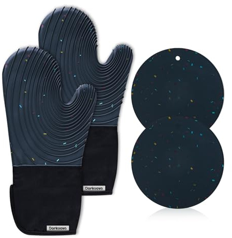 Dorkuova Silikon-Ofenhandschuhe, Baumwollfutter, BPA-frei, lange Kochhandschuhe und Untersetzer, Ofenhandschuh-Set für Grillen, 4 Stück (dunkelgrau)