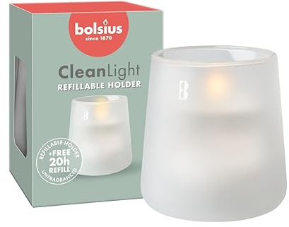 Bolsius - CleanLight Zero Starterset - Nachfüllbare Kerze - Halter & Duftfreie Nachfüllung - Frosted Weiß - Brenndauer 20 Stunden - Enthält Natürliches Pflanzenwachs - Ohne Palmöl