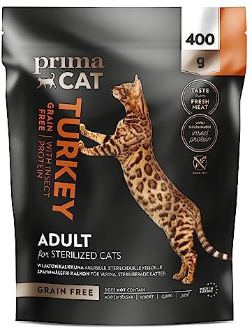 PrimaCat - Getreidefreies Trockenfutter für sterilisierte Katzen, Geschmacksrichtung Truthahn und Insekten, 400 g