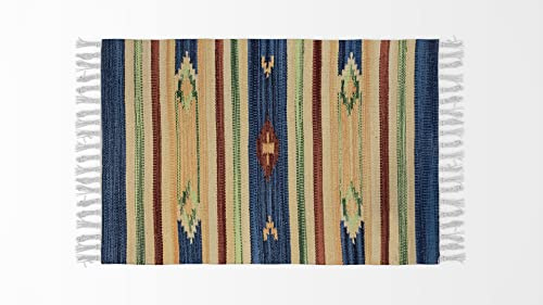 HOME ZEN HOUSEHOLD LINEN - Alfombra para baño, cocina, dormitorio, de algodón, estilo kilim con flecos, lavable en lavadora, diseño étnico multicolor (50x110 cm, Diseño 3 - Rombo azul)