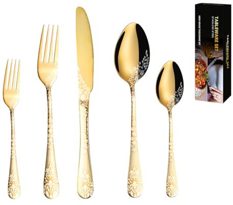 Ménagère 20 pièces en acier inoxydable – Couteau à steak, fourchette et cuillère de style occidental – Parfait pour les hôtels et les repas (doré)
