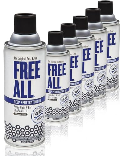 Free All Rust Eater Deep Penetrating Oil, 11 oz Aerosol – Loosens Rusted Bolts, Nuts, Pipe Connections & Locks – Industrial-Grade Rust Remover, Silicone-Free, Safe on Paint & Plastic Surfaces, 6-Pack
