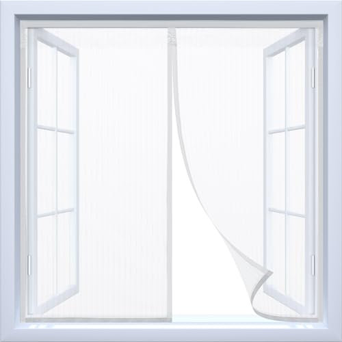 AUMAYCO Magnet Fliegengitter Fenster mit 24 Versteckten Magneten und Selbstklebendem Band, Fliegengitter Fenster Ohne Bohren, Selbstschließend, Einfach zu Installieren, 130cm x 150cm, Weiß