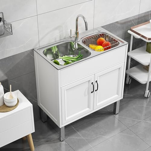 Lavandino per Lavanderia con Mobiletto, Lavello da Esterno con Mobiletto, Lavelli da Cucina a Doppia Vasca, per Garage Esterno Cucina Commerciale Ristorante Lavanderia, con Rubinetto ( Color : Milky w