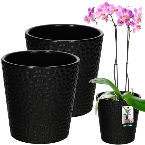 KOTARBAU® 2er Set Blumentopf Schwarz Keramik glasiert ⌀ 9,5 cm Höhe: 11 cm Orchideentopf Keramik Blumentöpfe Keramik Blumentopf Keramik Pflanztopf Blumentopf modern Blumentöpfe Zimmerpflanzen