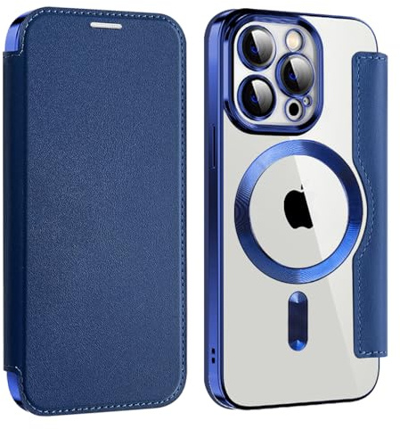 Cover per iPhone 15 Pro Max Compatibile con MagSafe Custodia Trasparente Magnetica Pelle Portafoglio a Libro Slot Schede Magnetica Supporto Flip Case per iPhone 15 Pro Max Blu Navy
