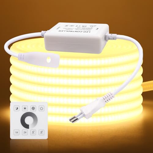 KISUFU 220V Ruban LED COB, 288 LEDs/m Dimmbar Bande LED Lumineuse IP65 étanche Flexible Neon Light Strip Avec 750w Gradateur monochrome pour Maison Chambre Cuisine DIY Dekoration.