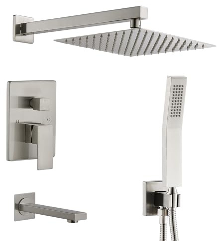 KINKIBOS Concealed Shower System Wall Mounted, 3-Function Shower System with 12 Inch High Pressure Rainfall Shower Head, Handheld Shower and Bathtub Spout, Brass Shower Mixer Set, Brushed Nickel