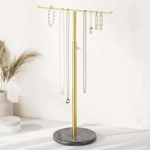 Josmimic Supporto per collane e gioielli, regolabile, in metallo dorato, per collane lunghe, si estende da 26 a 48 cm, robusta base in marmo, ideale per catene di maglioni e gioielli