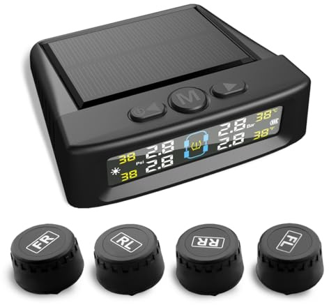 Performance Master Tire Pressure Monitoring System Wireless with 4 External Sensors & 5 Alarm Modes, Real Time Display of Tire Pressure & Temperature, Solar & USB Charging