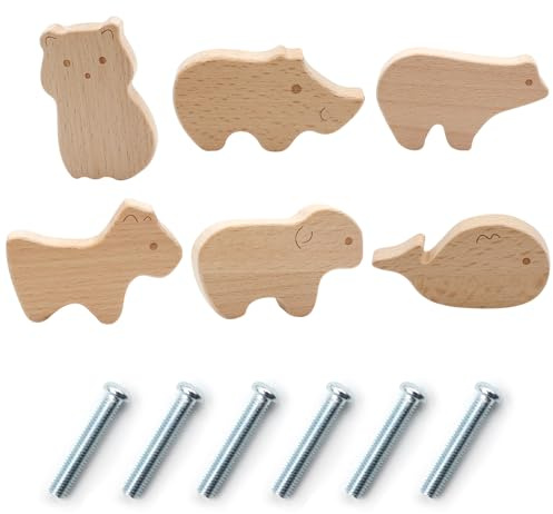 Criveple 6 Stück Schrankknöpfe Holz fur Kinderzimmer, Möbelknöpfe Tierformen,Holzknöpfe Kommode mit Schrauben, Tier Holz Schubladengriff, Holzgriffe für Schränke Türknöpfe für Kinder