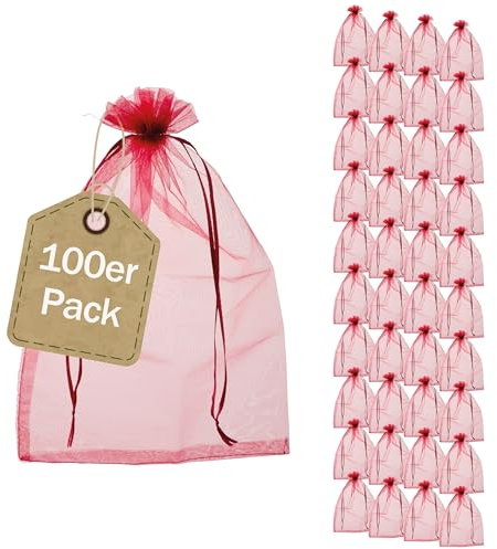 SPRINTIS Organzasäckchen 20 x 30 cm, 100 Stück, rot mit Satinbandverschluss, hochwertige Säckchen zum Befüllen für Hochzeit, Weihnachten, Schmuck und kleine Geschenke