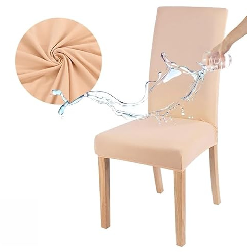 Hiseng Stuhlhussen, Einfarbig Wasserdicht Stretch Universale Stuhlbezug, Abnehmbare Waschbar Hussen für Stühle, Stuhlbezüge für Hotel, Restaurant, Küche, Partys Deko (4 Stücke,Beige)