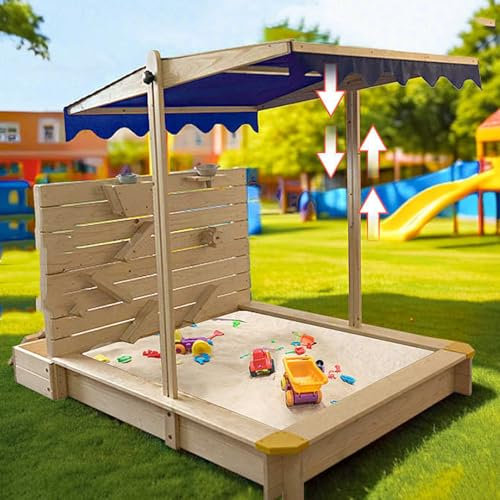 Wooden Sandbox with Storage Box and Adjustable Canopy Waterproof Cover and Bottom Liner Sand Pit for Backyard or Beach Fun