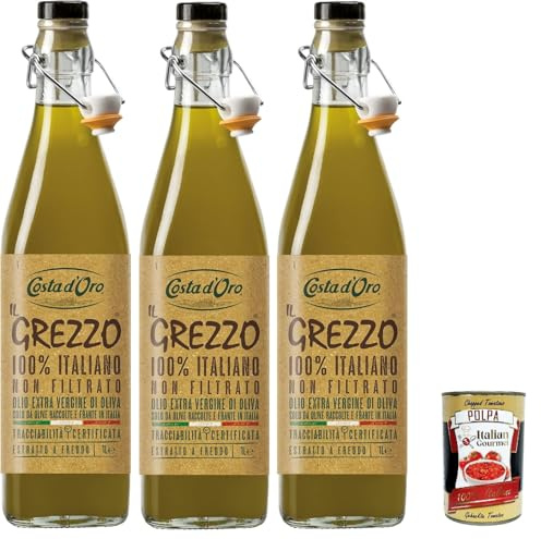 Costa d'Oro Il Grezzo Olio extra vergione di oliva Huile d'olive extra vierge non filtrée et pressée à froid 3 x 750ml + Polpa Italian Gourmet 400 g | Non filtré et pressé à froid ; pressé à froid, fruité, idéal à cru, poids net total 2,25 L + pulpe gratuite 400 g