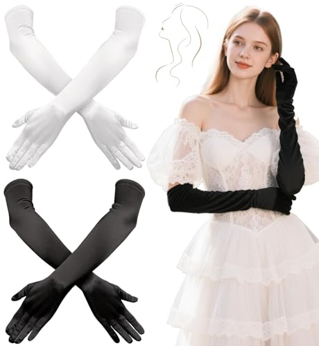 WiDream 2 Paar Handschuhe Damen Elegant, Lange Damenhandschuhe, Retro Abendhandschuhe Lang Schwarz Weiß Paar, Lange Satinhandschuhe für Hochzeiten, Maskerade, Karneval, 1920er Jahre