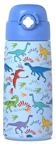 Barnvattenflaska med täckt popup-halm, 16 uns barnkoppar med rostfritt stål läckage bevis för skol(Dinosaurus)