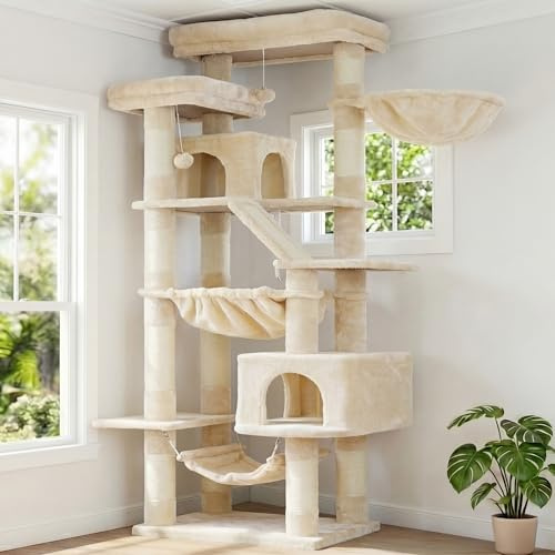 Heybly klösträd, 180 cm högt klösträd för innekatter med 2 plattformar, 2 stora sovhus, 2 hängmattor, korg och klösbräda, stor kattmöbel med sovplats, beige HCT034M