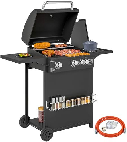 Outsunny Barbecue a Gas in Acciaio, BBQ a Gas a Bruciatori Indipendenti 3+1 con Coperchio, Termometro, Ruote, 2 Griglie, Tavolino Laterale, Portaspezie e Vaschetta Raccogli Grasso, Regolatore, Nero