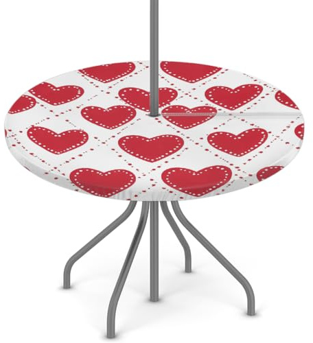 Mexpekil Tovaglia per esterni con foro per ombrello e cerniera, stampa a cuore rosso, impermeabile, rotonda, elastica, per patio e giardino, 91,4-111,8 cm