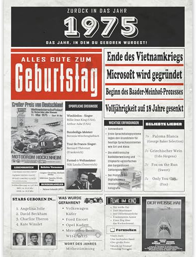 Edition Colibri Geburtstagskarte 1975, Persönliches Geschenk mit Ereignissen des Geburtsjahres I Geburtstagsgeschenk zum 50., 51. oder älter für Männer und Frauen, Karte Geburtstag Mann und Frau, A4