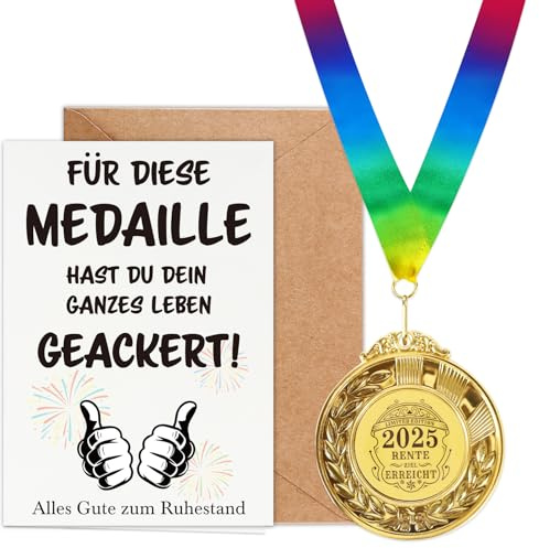 WenmthG 2025 Ruhestand Geschenk mit Medaille, Klappkarte, Umschlag - Renteneintritt Geschenk für Männer Frauen - Abschiedsgeschenk Kollegen - Rentengeschenke - Alles Gute zum Ruhestand